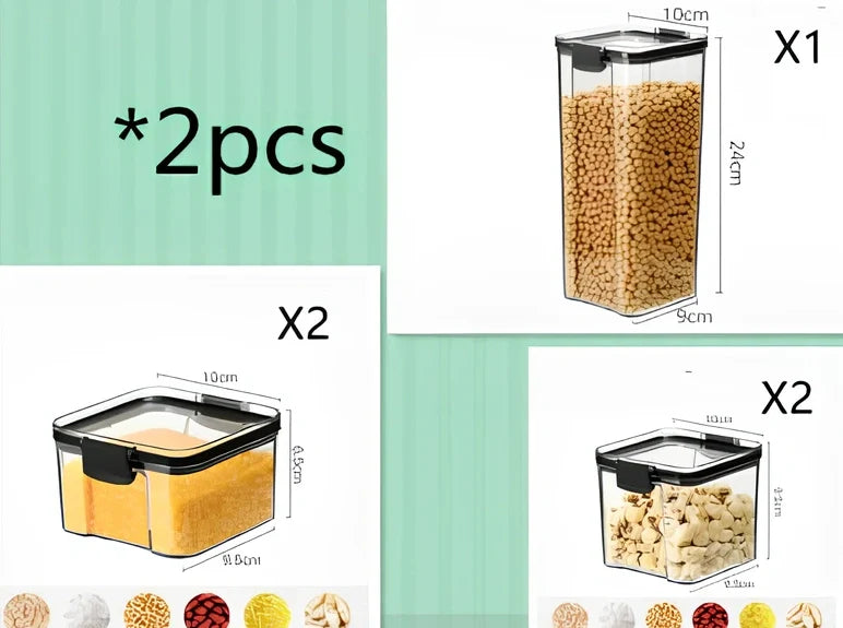 Square clear kitchen storage jar box for pantry organisation with cereals visible inside