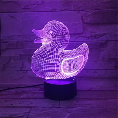 Little Yellow Duck 3D night light with remote control, showing seven colour options and dimensions of 200x150x87mm