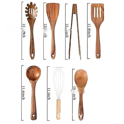7-piece wooden kitchen utensil set with spoon, spatula, and soup spoon on a table