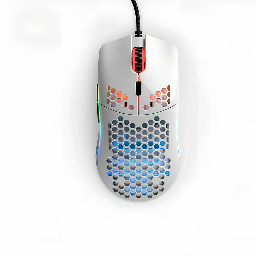 Black matte gaming mouse with hole design showing RGB lighting and ergonomic shape for right-handed use