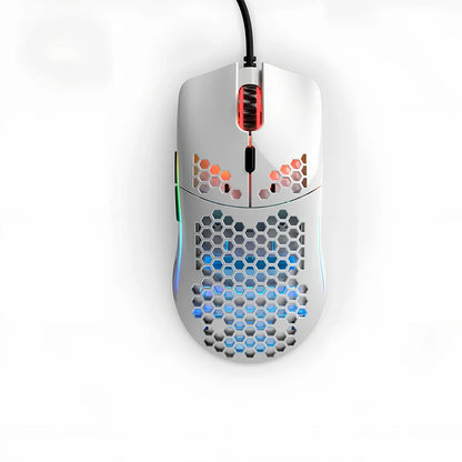 Black matte gaming mouse with hole design showing RGB lighting and ergonomic shape for right-handed use