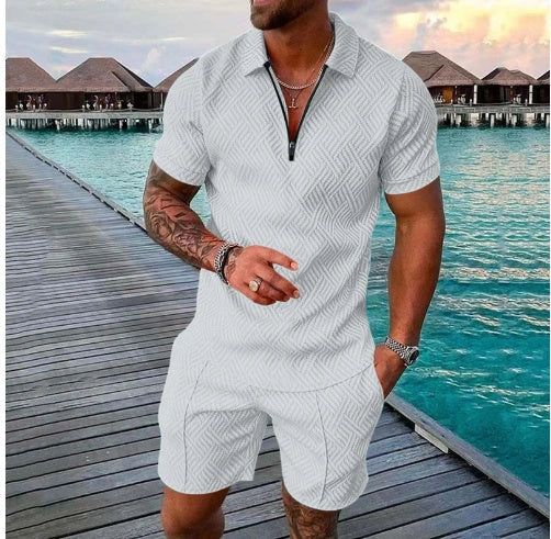 Men's casual color contrast polo zip lapel shirt short sleeve suit in various colors