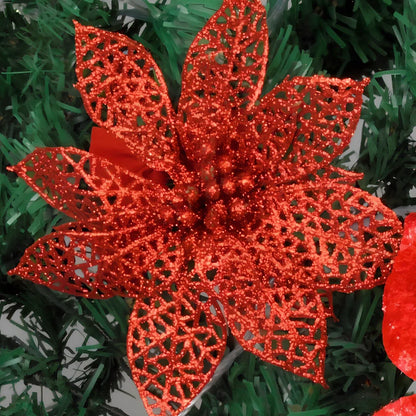 Set of 10 golden 15cm glitter flowers for Christmas trees in gold, silver, red colours