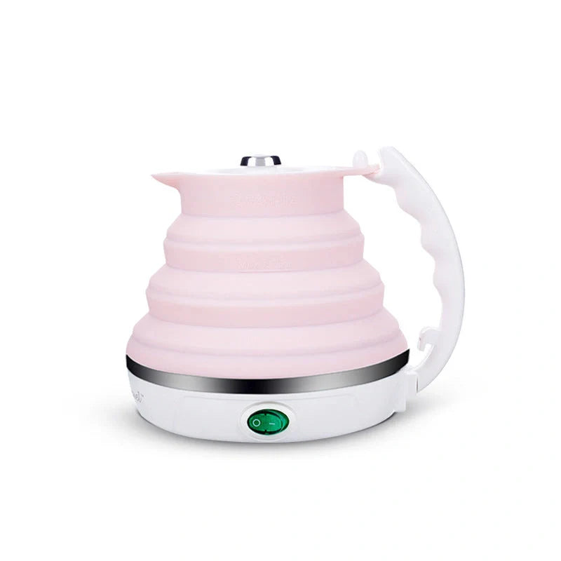 Foldable Electric Kettle in white, blue, and pink colors with UK, US, and EU plugs