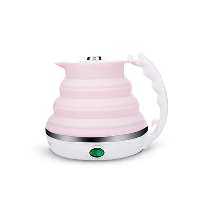Foldable Electric Kettle in white, blue, and pink colors with UK, US, and EU plugs