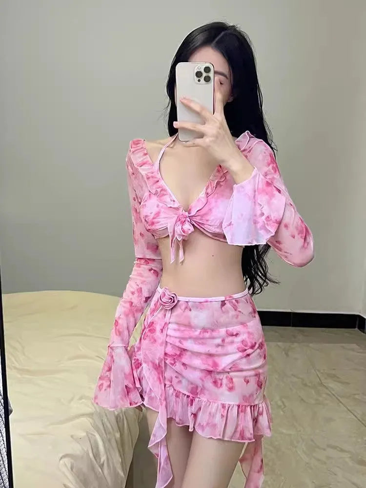 Women's floral bikini set in cherry blossom pink with polyester fabric, sizes S to XL for UK beach or hot spring use