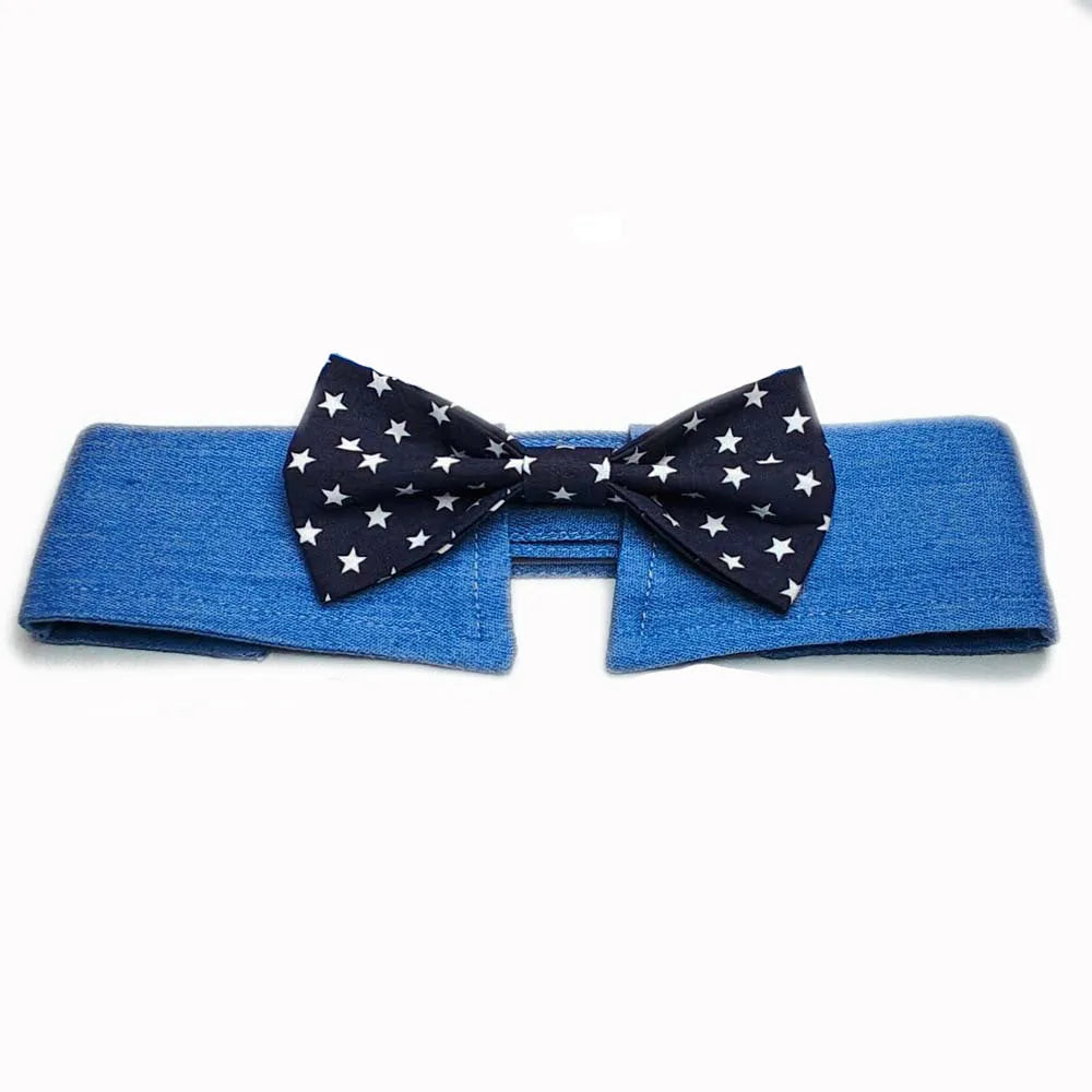 Blue denim dog collar with white star pattern, styled as an adjustable bow tie for formal pet wear.