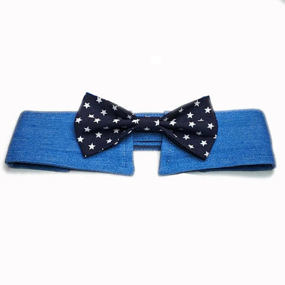 Blue denim dog collar with white star pattern, styled as an adjustable bow tie for formal pet wear.