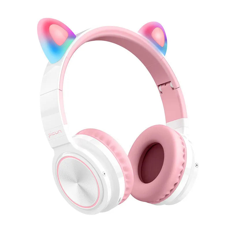 Pink and white wireless Bluetooth headset with 40mm speakers and braided cable