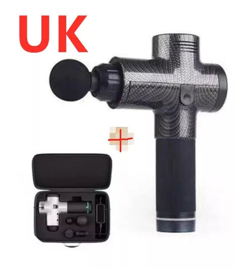 Relax Tissue Deep Muscle Massage Gun with 4 interchangeable heads on a white background