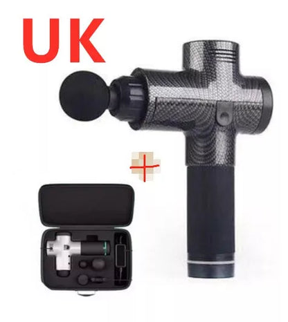 Relax Tissue Deep Muscle Massage Gun with 4 interchangeable heads on a white background