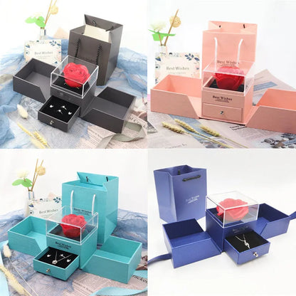 Blue jewellery gift box with plastic eternal flower decoration for Valentine's Day accessories storage