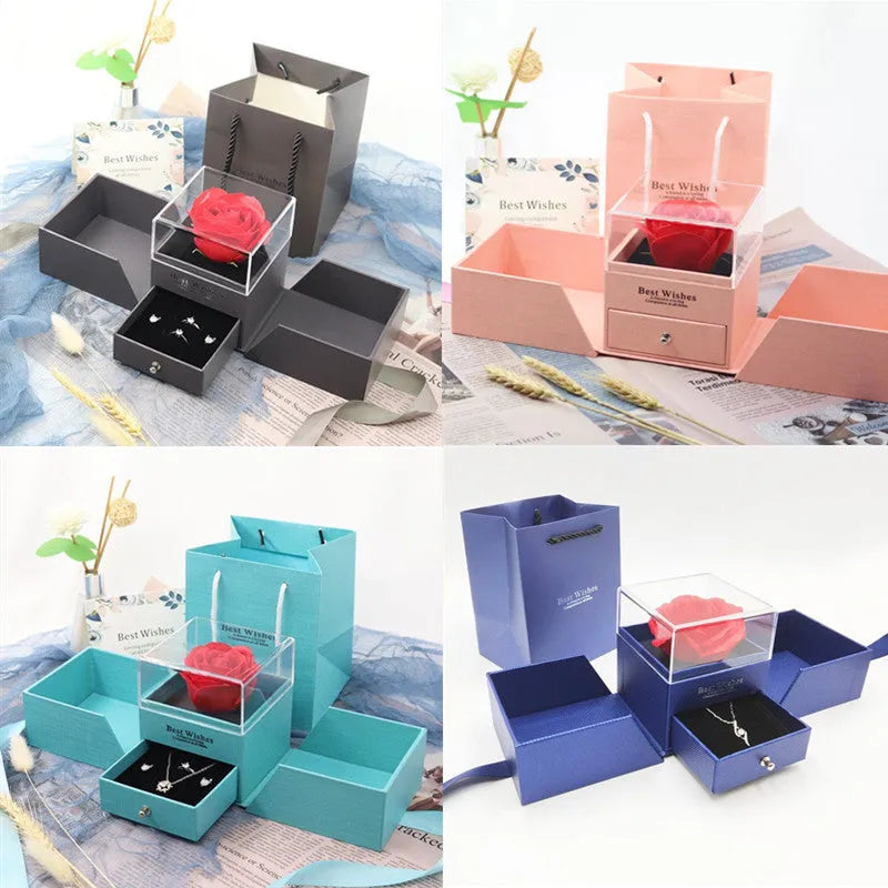 Jewellery gift box plastic eternal flower Valentine's Day present blue green grey pink paper cardboard packaging accessories storage display case