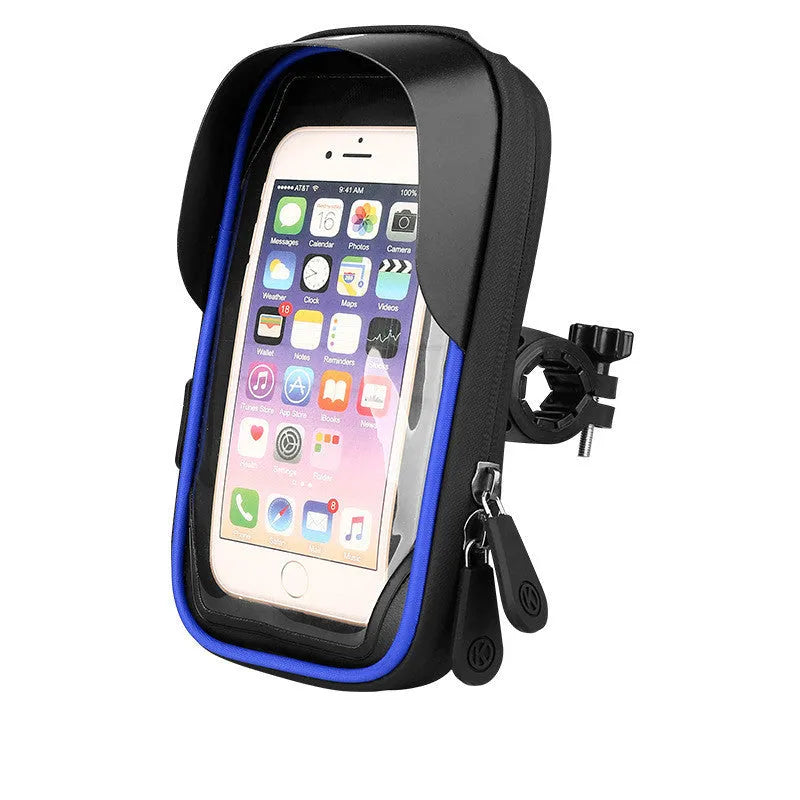 Torro waterproof mobile phone holder mounted on a bicycle handlebar, showing the thin touch-screen cover and zipper.