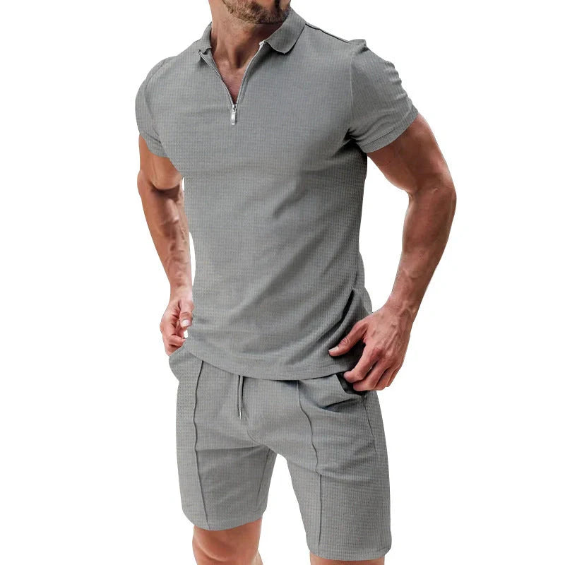 Men's waffle texture summer outfit set with zipper lapel top and drawstring shorts