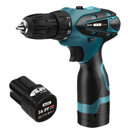 16.8V lithium electric drill with pistol grip showing variable speed trigger and chuck mechanism