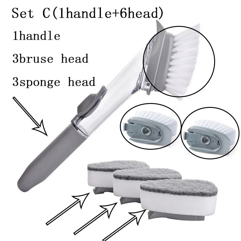 Long-handled kitchen cleaning brush with removable head, designed for efficient and hygienic scrubbing of dishes, bowls, and surfaces.