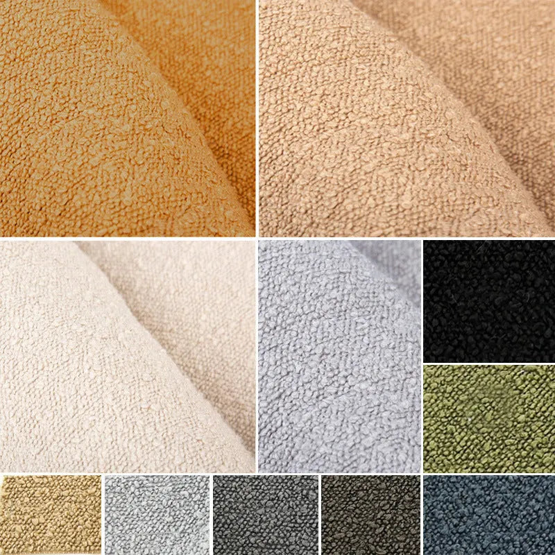 Beige rectangular cloth dog bed sofa nest with raised sides showing four size options