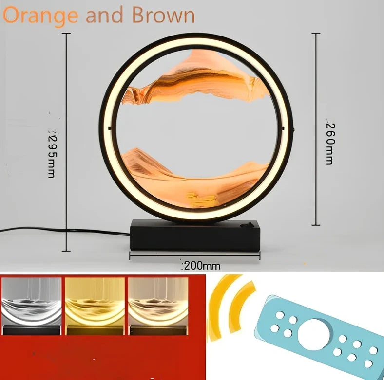 Black and white quicksand table lamp, 295mm tall with LED lights and remote control, coloured sand in glass chamber