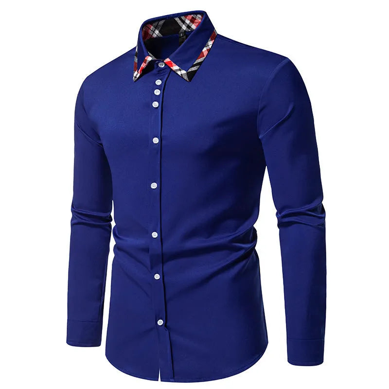 Men's plaid long sleeve shirt with triangle collar in blue, black, or white, showing contrast colour details and casual style.