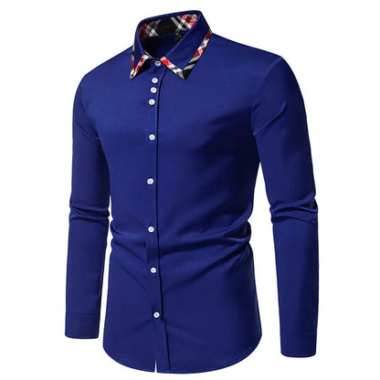 Men's plaid long sleeve shirt with triangle collar in blue, black, or white, showing contrast colour details and casual style.