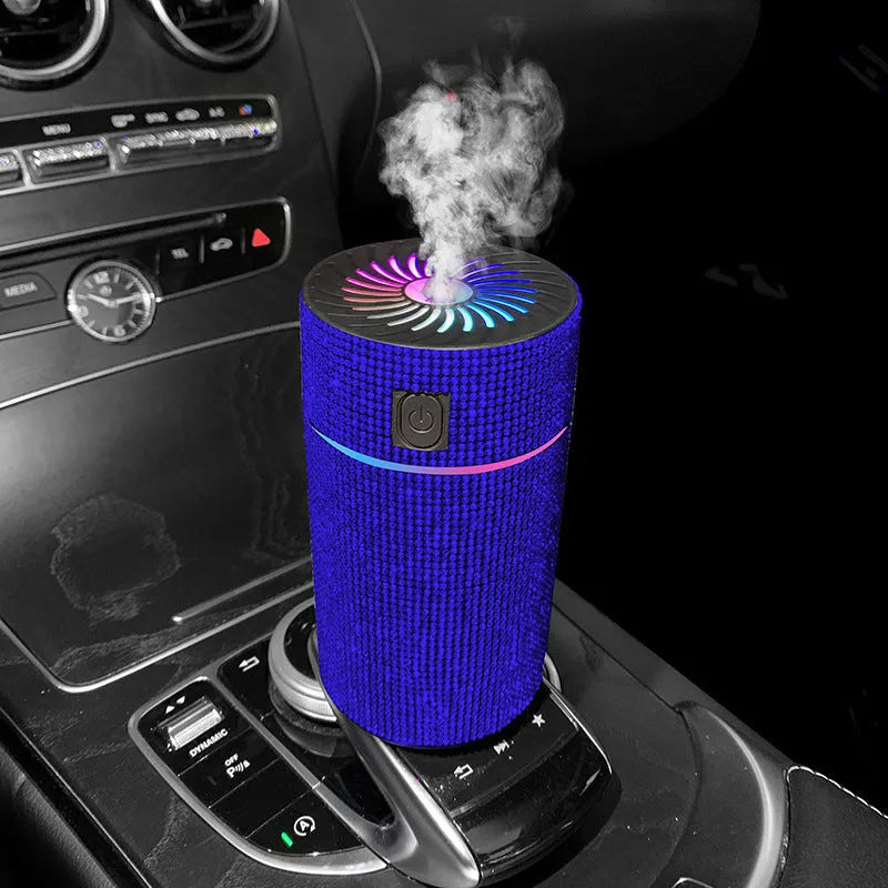 White Diamond finish car air purifier and humidifier unit mounted on a car dashboard.