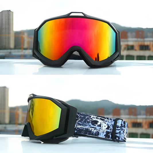 Motorcycle goggles with double-layer anti-fog lens and flexible TPU frame in multiple colour options.