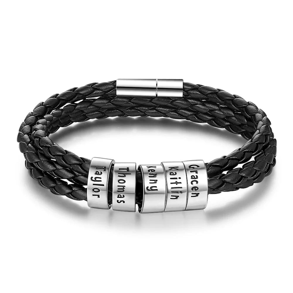Personalized men's braided leather bracelet with stainless steel beads and custom name charm