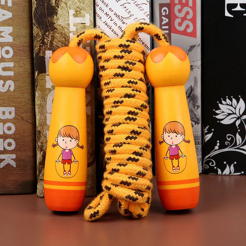Wooden children's skipping toy with adjustable rope showing six character style options