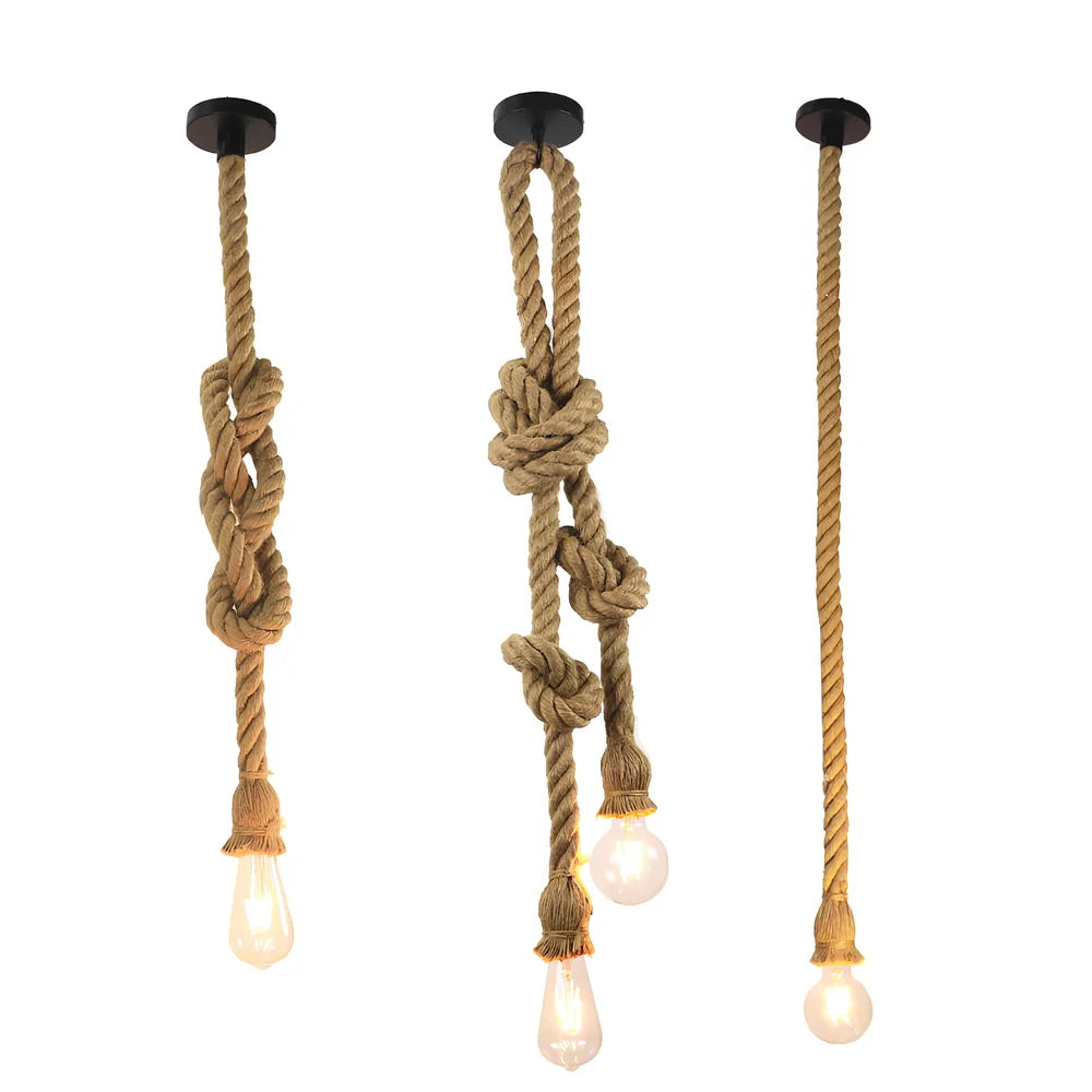 Industrial hemp rope chandelier with LED lighting and grass vine construction in retro design