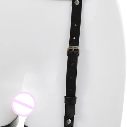Black leather BDSM harness set showing adjustable 1.5cm width and four-piece coordinated design