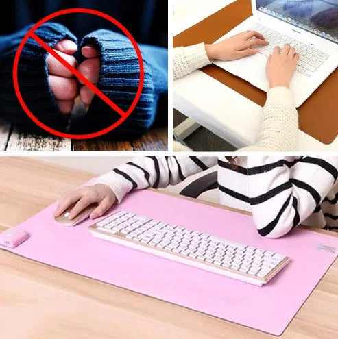 Two-stage Heating Desk Pad in black or pink, featuring quick warmth and waterproof design