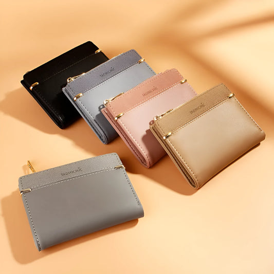 Multi card slot short zipper ladies wallet showing internal compartments including photo slot and zipper section