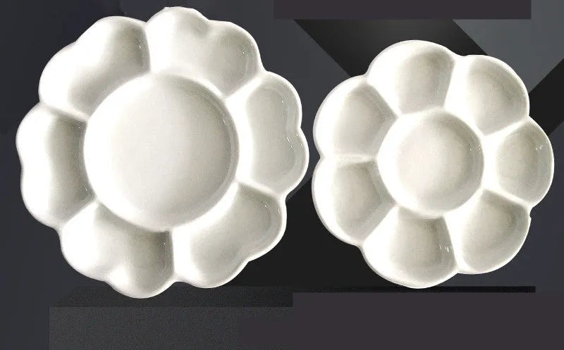 White handmade ceramic plum blossom shaped paint palette for watercolour, acrylic, and oil painting