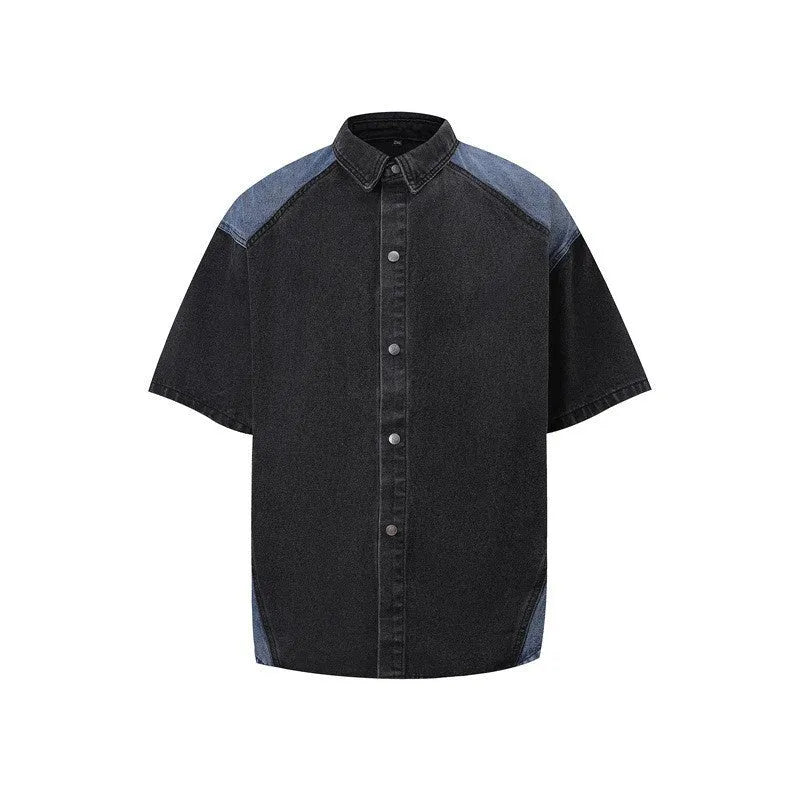 Retro washed denim jeans suit with short sleeves, available in black or blue, sizes M to XXXL, for summer street wear.