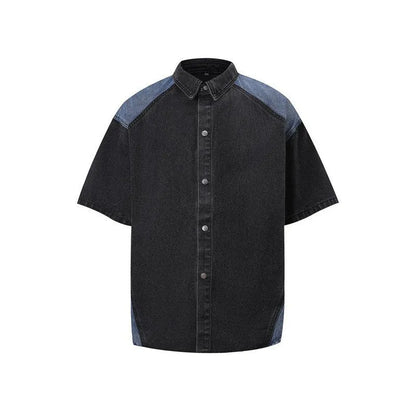 Retro washed denim jeans suit with short sleeves, available in black or blue, sizes M to XXXL, for summer street wear.
