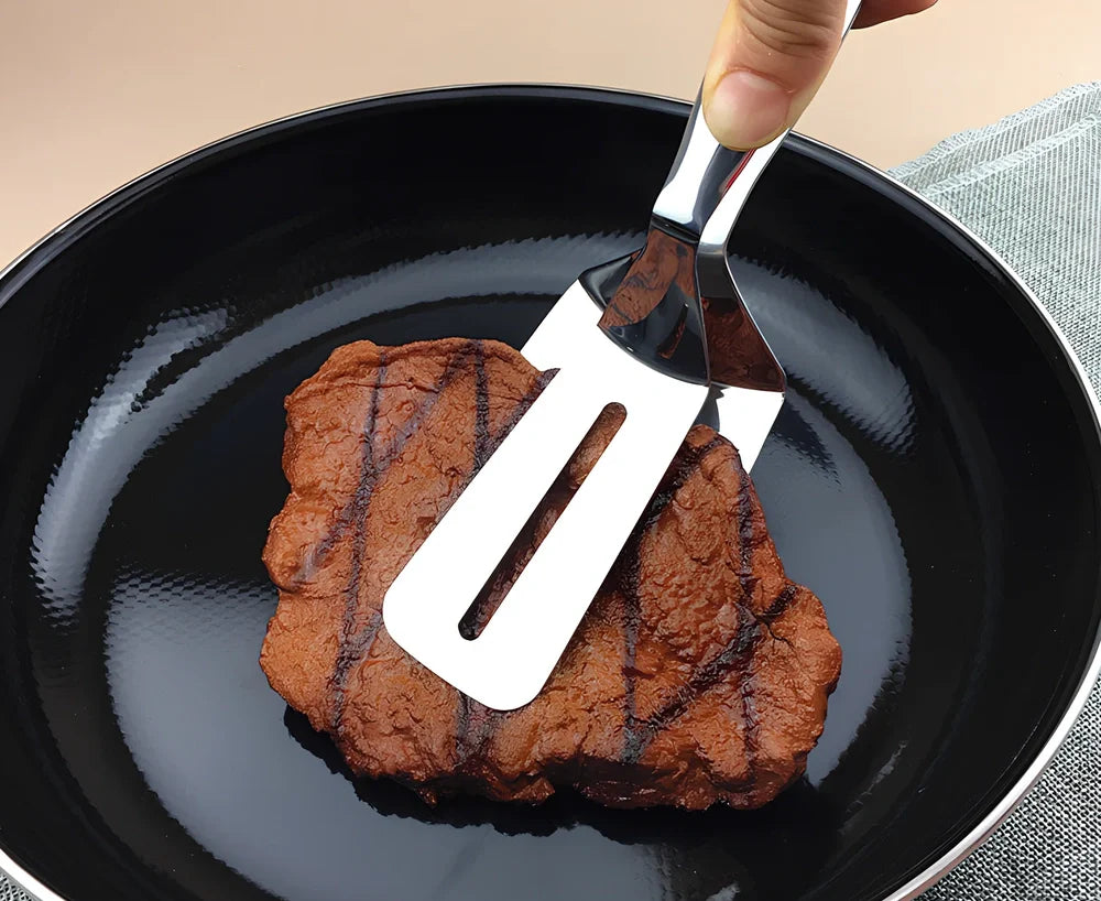 Stainless steel barbecue tongs with 32cm handles and serrated gripping surfaces