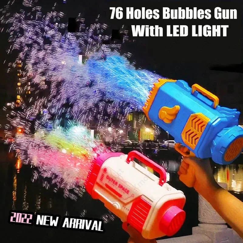Powerful 69-hole bubble blasting rocket launcher with colorful LED lights for endless bubble-popping fun