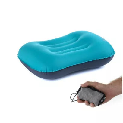 Compact inflatable travel pillow in peacock blue, bright orange, or green for camping and outdoor use
