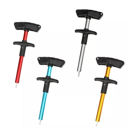 Portable T-shaped hook extractor for safe fishing in black, yellow, blue, and orange