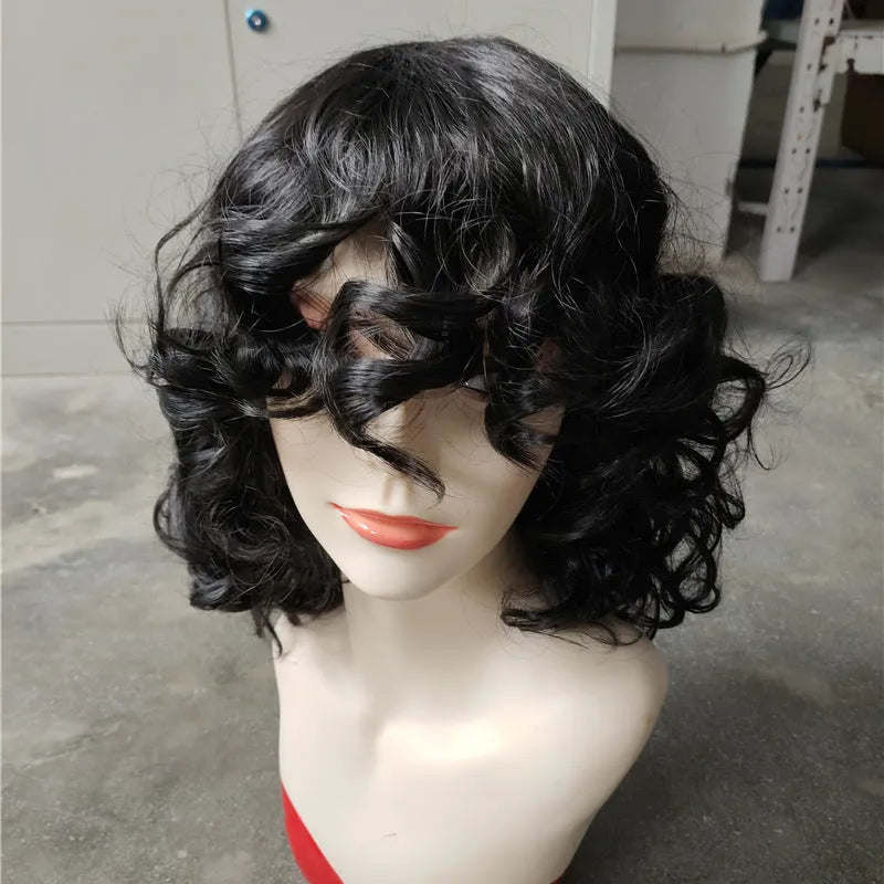 Black synthetic Afro wig with long curly style made from heat dyeable high temperature fibre