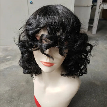 Black synthetic Afro wig with long curly style made from heat dyeable high temperature fibre