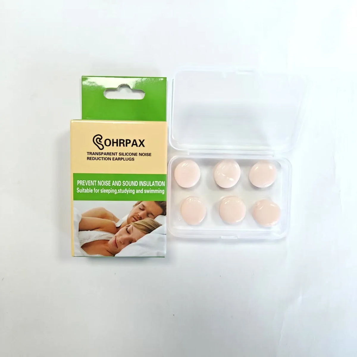 Silicone earplugs for sleeping and swimming, soft reusable ear plugs in blue, orange, pink or white, 3 pairs per box.