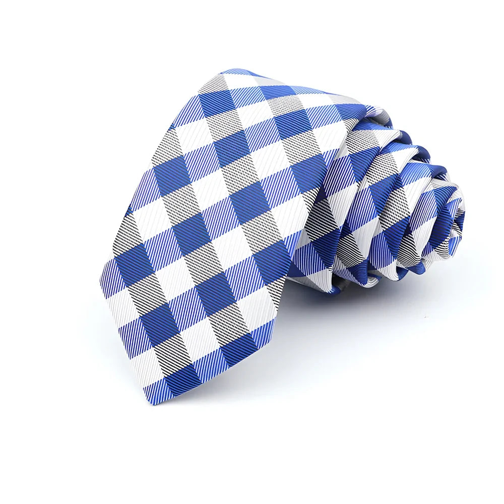 Men's 6cm skinny plaid polyester tie, 145cm length, in various patterns for casual professional look