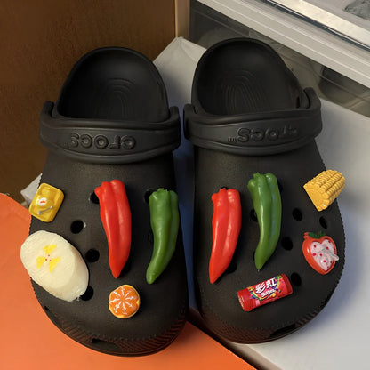 Six DIY plastic shoe buckles with fried chicken burger designs including double wheat chicken nuggets and double drumstick variations