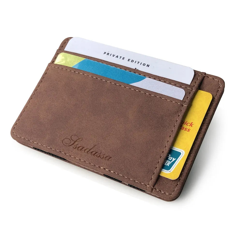 Matte leather magic wallet in horizontal square shape with sewing line detail and coin pocket