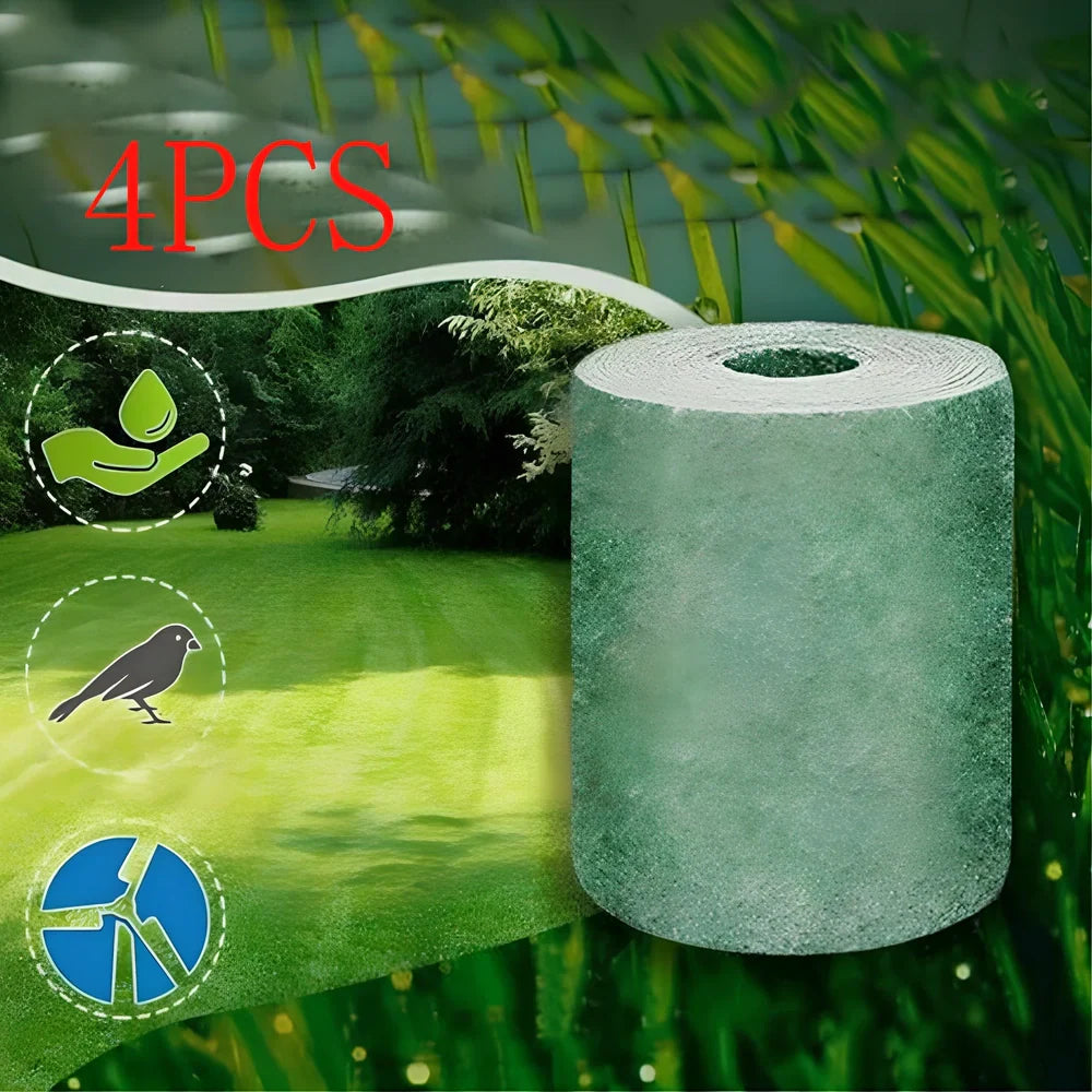 Biodegradable grass seed mat unrolled, 20cm x 300cm size, showing wind-proof fabric for soil consolidation and moisture retention in garden use