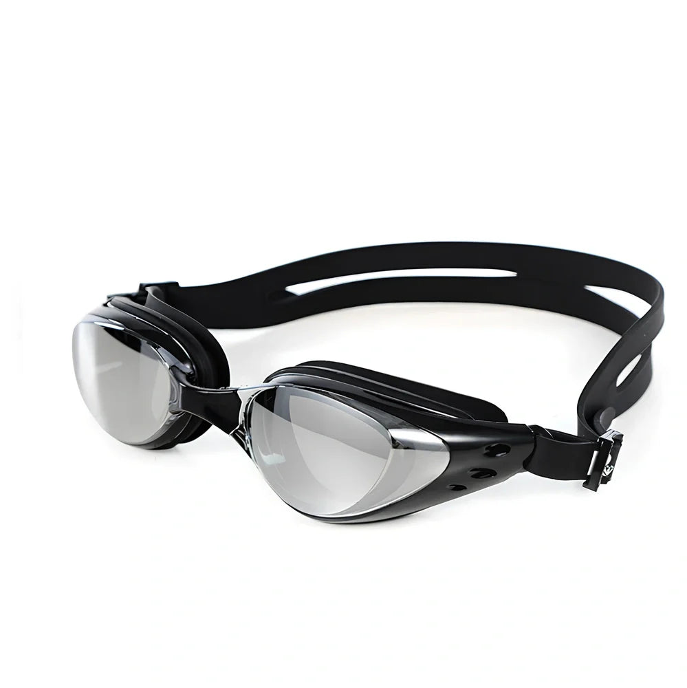 Anti-fog swimming goggles with UV-resistant mirror lenses and silicone straps in multiple colour options