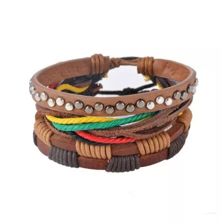 Adjustable leather bead bracelet with wooden beads and hemp rope in vintage punk style