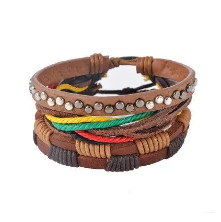 Hand-woven brown leather bracelet with wooden beads and rope detailing on a wrist.